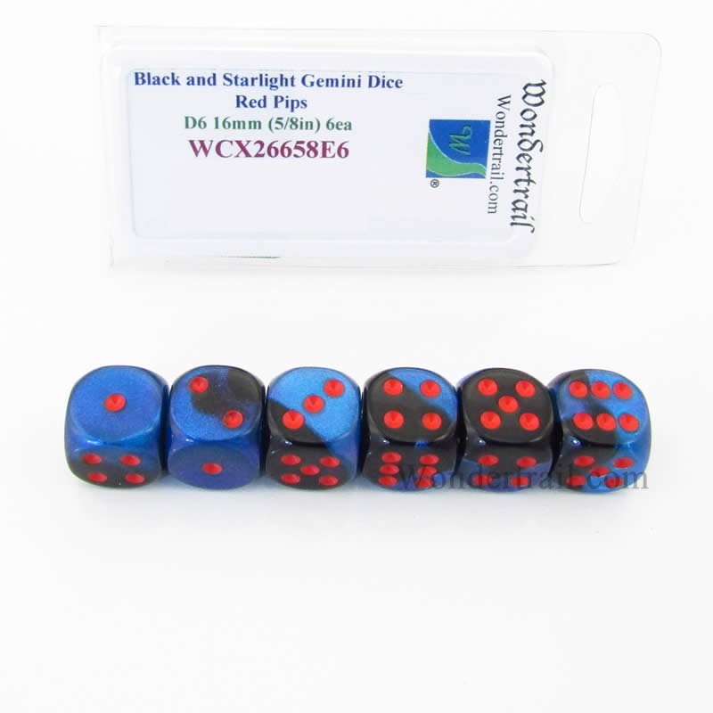 WCX26658E6 Black Starlight Gemini Dice Red Pips D6 16mm Pack of 6 Main Image