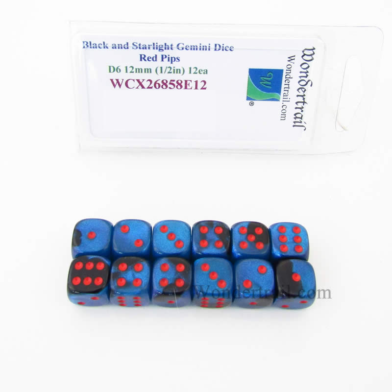 WCX26858E12 Black Starlight Gemini Dice Red Pips 12mm D6 Set of 12 Main Image
