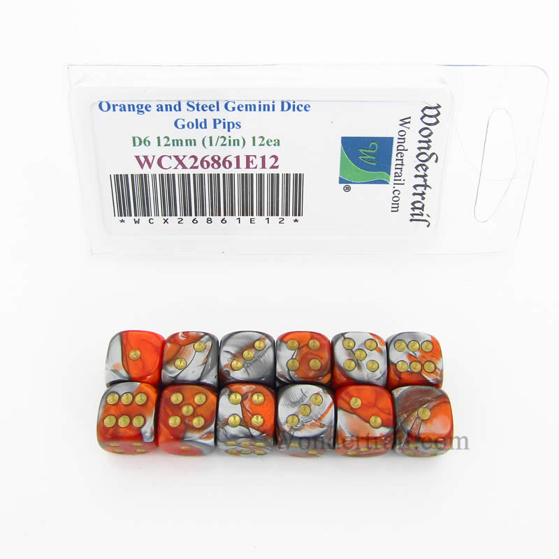 WCX26861E12 Orange Steel Gemini Dice Gold Pips 12mm D6 Set of 12 Main Image