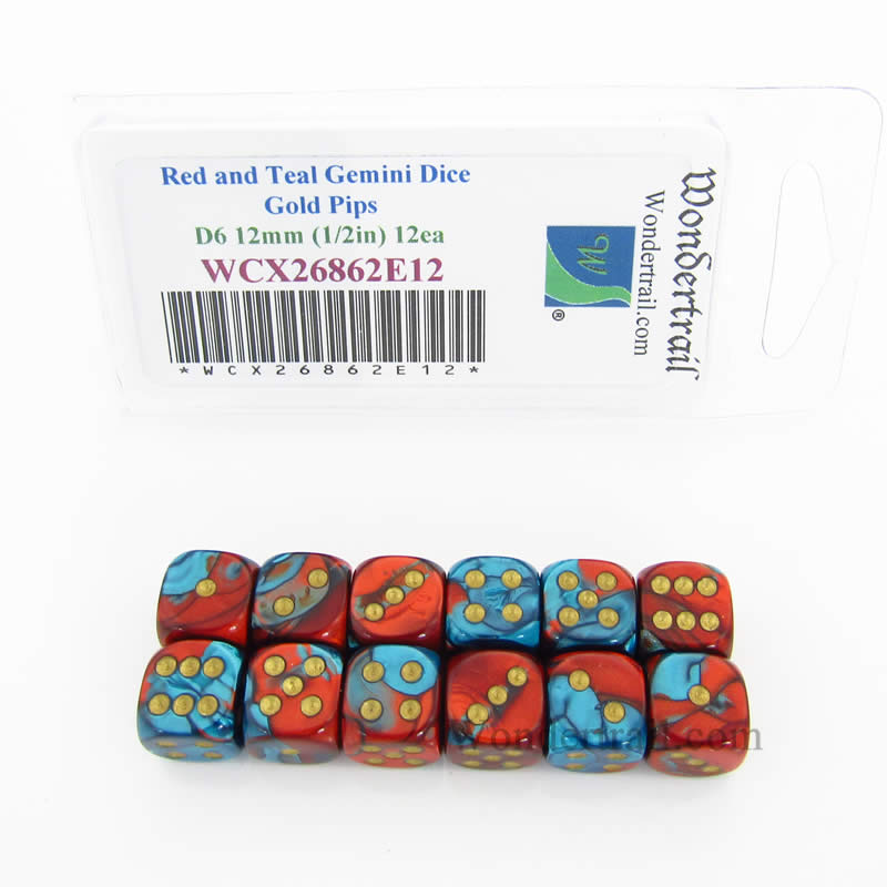 WCX26862E12 Red Teal Gemini Dice Gold Pips 12mm D6 Set of 12 Main Image
