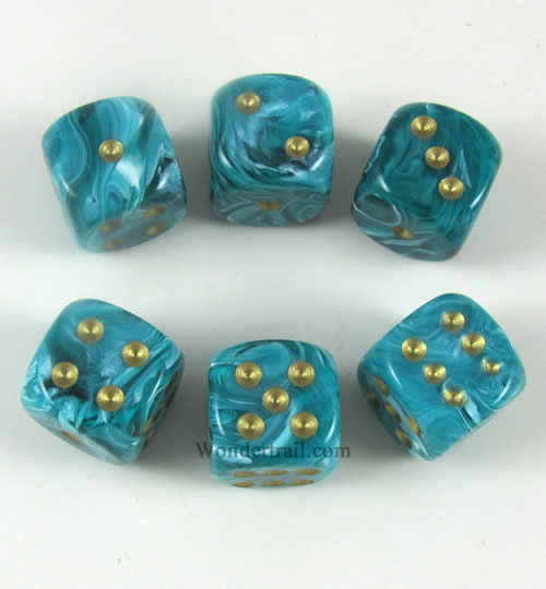 WCX27639E6 Teal Vortex Dice Gold Pips 16mm (5/8in) D6 Set of 6
