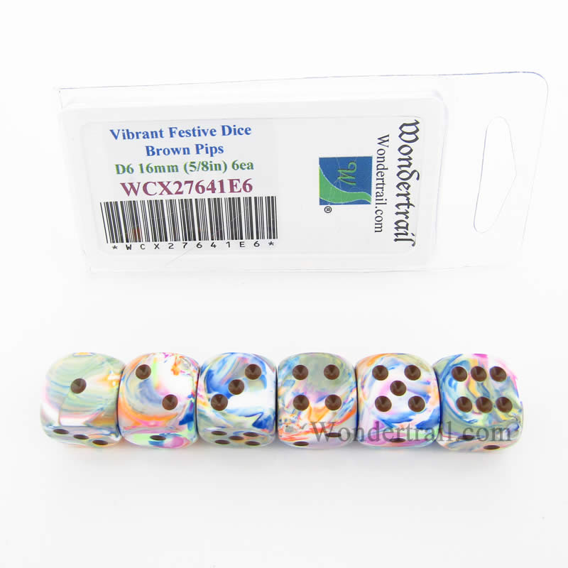 WCX27641E6 Vibrant Festive Dice Brown Pips 16mm D6 Set of 6 Main Image