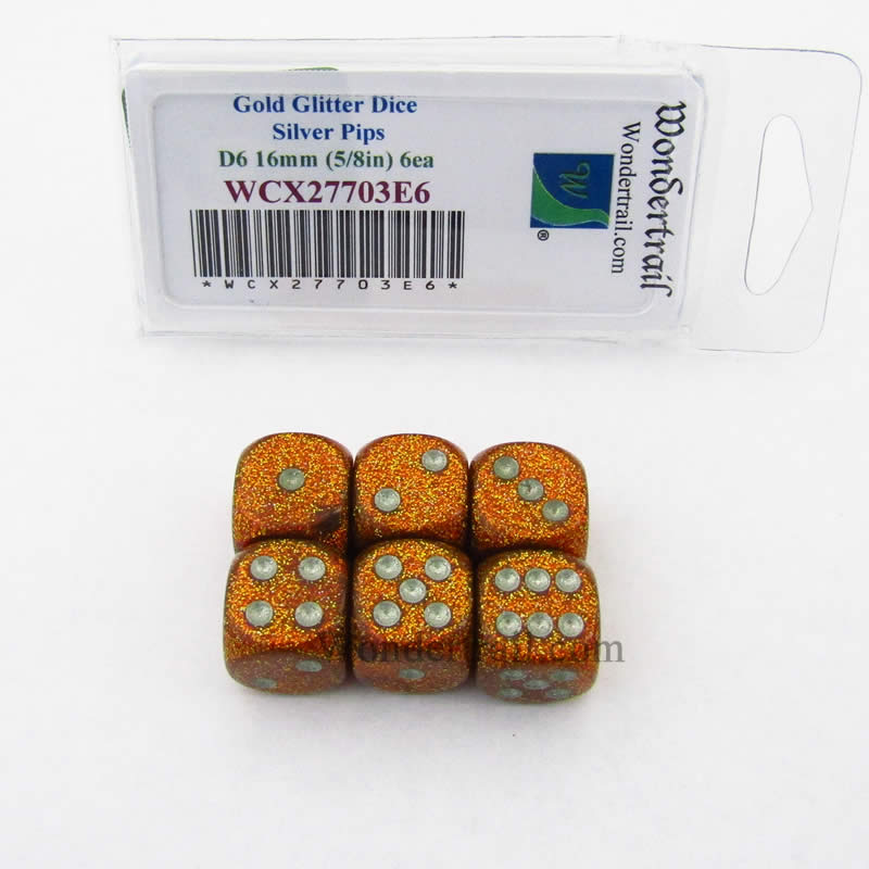 WCX27703E6 Gold Glitter Dice Silver Pips 16mm (5/8in) D6 Set of 6 Main Image