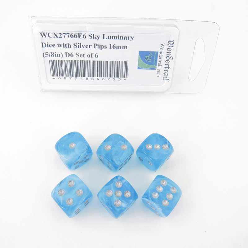 WCX27766E6 Sky Borealis Dice Luminary Silver Pips 16mm (5/8in) D6 Set of 6 Main Image