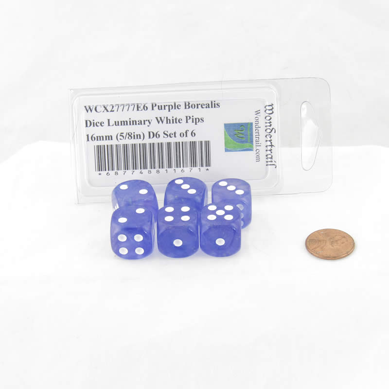 WCX27777E6 Purple Borealis Dice Luminary White Pips 16mm (5/8in) D6 Set of 6 Main Image