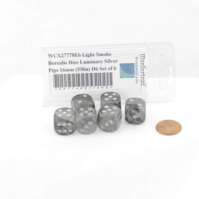 WCX27778E6 Light Smoke Borealis Dice Luminary Silver Pips 16mm (5/8in) D6 Set of 6 Main Image