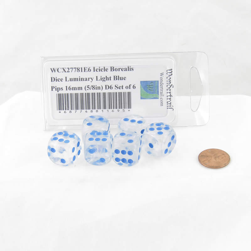 WCX27781E6 Icicle Borealis Dice Luminary Light Blue Pips 16mm (5/8in) D6 Set of 6 Main Image