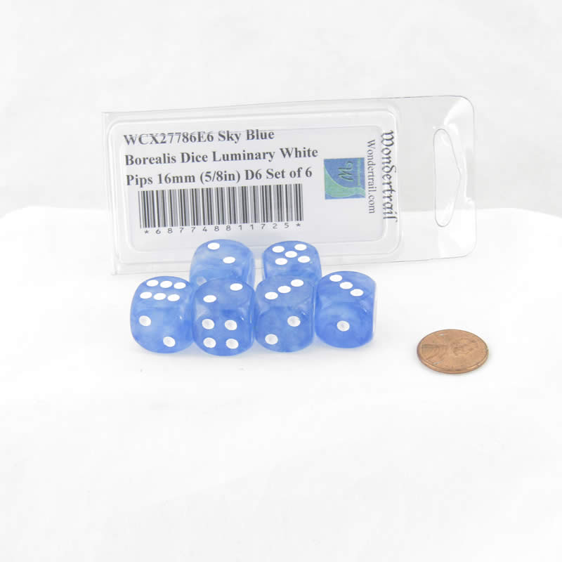 WCX27786E6 Sky Blue Borealis Dice Luminary White Pips 16mm (5/8in) D6 Set of 6 Main Image