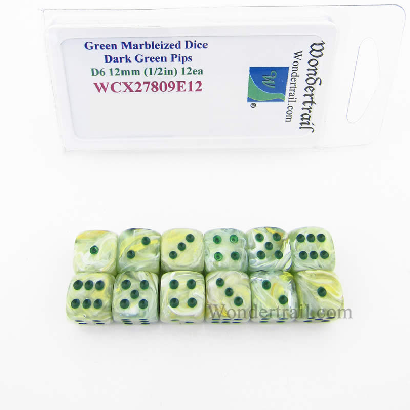 WCX27809E12 Green Marbleized Dice Dark Green Pips 12mm D6 Set of 12 Main Image