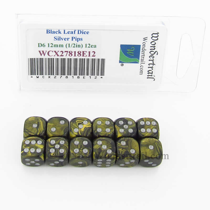 WCX27818E12 Black Leaf Dice Silver Colored Pips 12mm D6 Pack of 12 Main Image