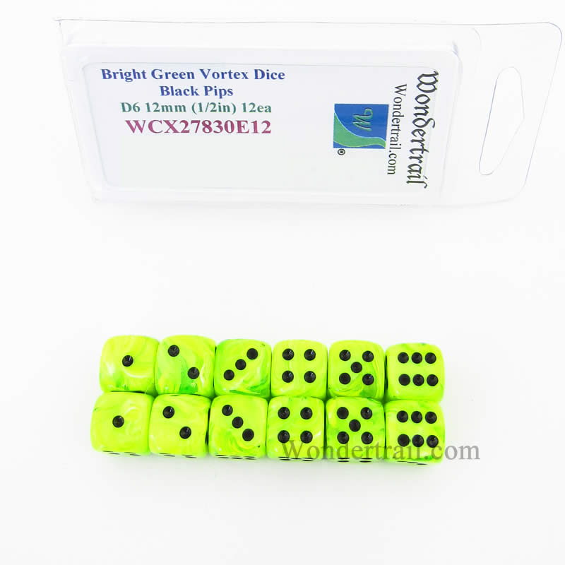 WCX27830E12 Bright Green Vortex Dice Black Pips 12mm D6 Pack of 12 Main Image