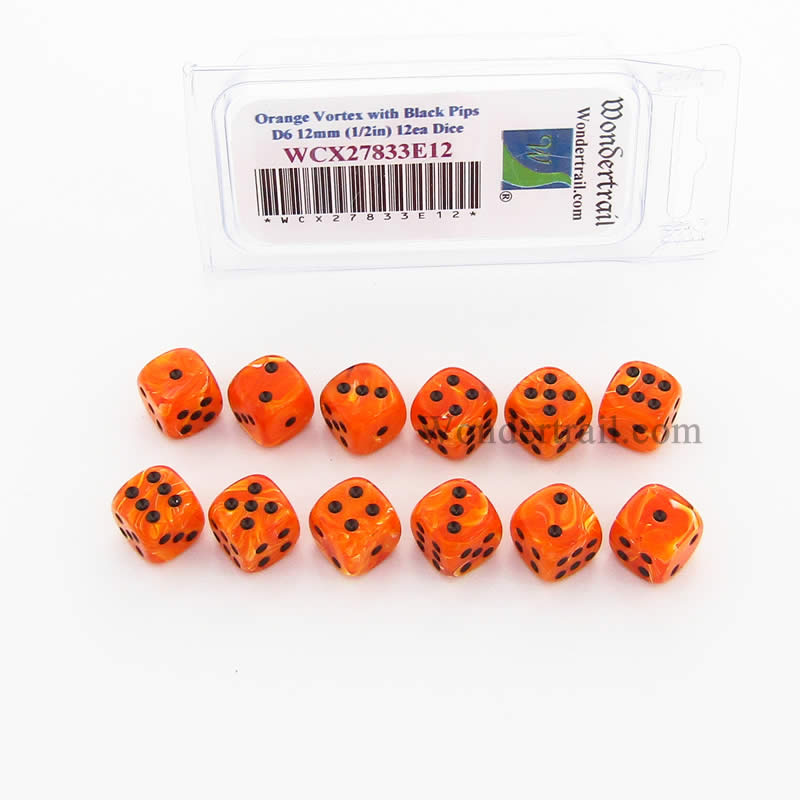 WCX27833E12 Orange Vortex Dice Black Pips 12mm (1/2in) D6 Pack of 12 Main Image