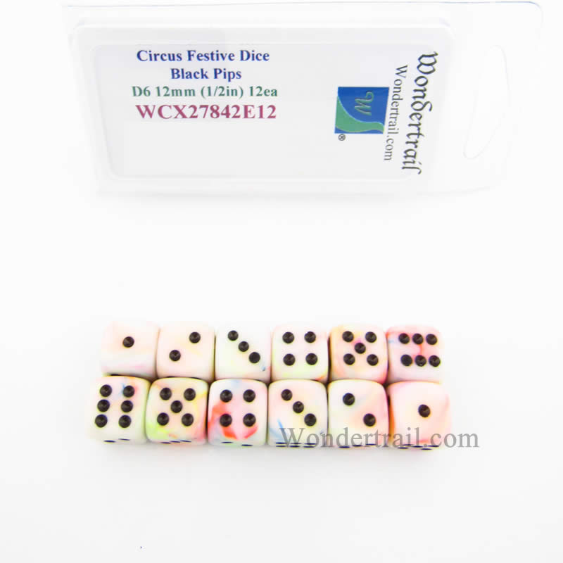 WCX27842E12 Circus Festive Dice Black Pips 12mm (1/2in) D6 Pack of 12 Main Image