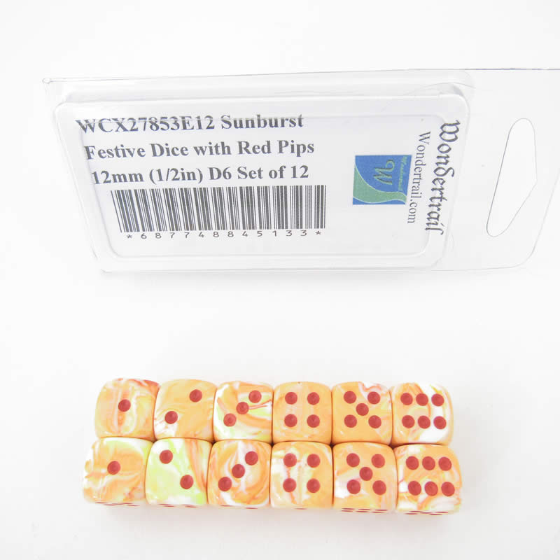 WCX27853E12 Sunburst Festive Dice with Red Pips 12mm (1/2in) D6 Set of 12 Main Image
