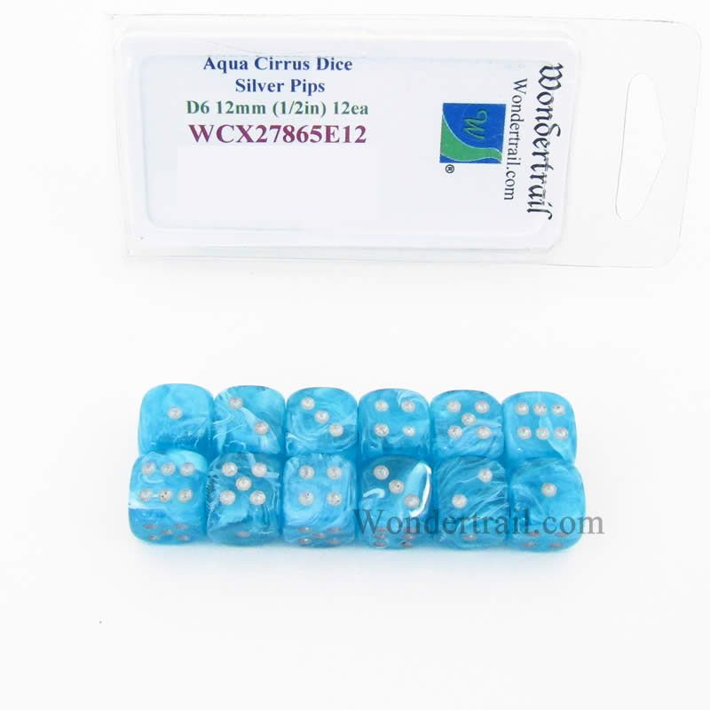 WCX27865E12 Aqua Cirrus Dice with Silver Pips 12mm (1/2in) D6 Set of 12 Main Image