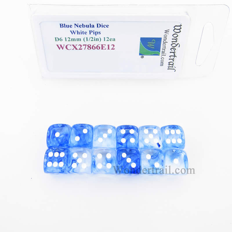 WCX27866E12 Blue Nebula Dice with White Pips 12mm (1/2in) D6 Set of 12 Main Image