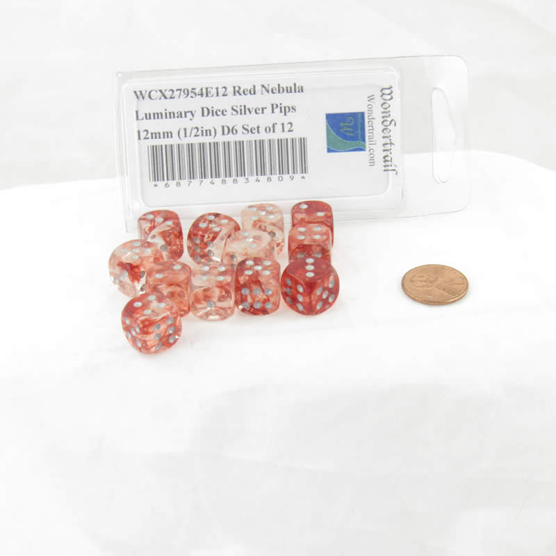 WCX27954E12 Red Nebula Luminary Dice Silver Pips 12mm (1/2in) D6 Set of 12 2nd Image