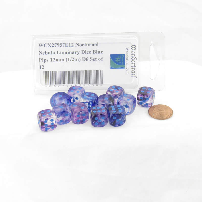 WCX27957E12 Nocturnal Nebula Luminary Dice Blue Pips 12mm (1/2in) D6 Set of 12 2nd Image