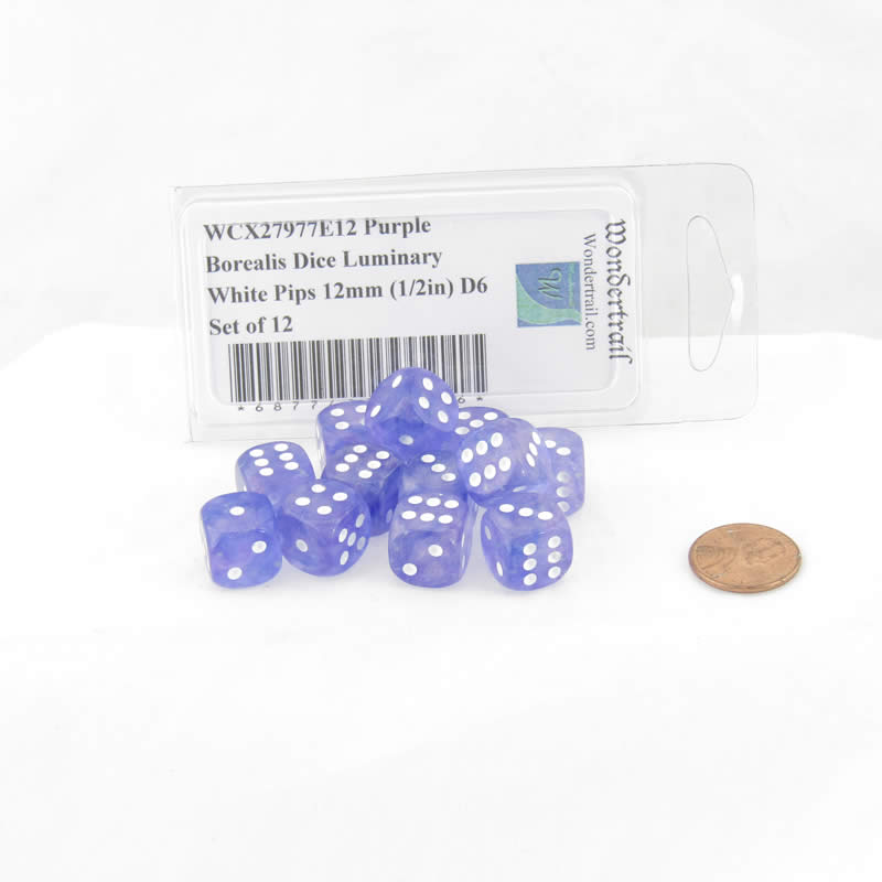 WCX27977E12 Purple Borealis Dice Luminary White Pips 12mm (1/2in) D6 Set of 12 Main Image