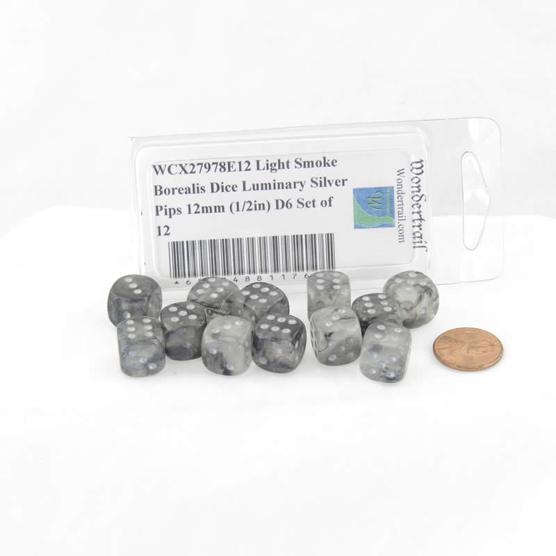 WCX27978E12 Light Smoke Borealis Dice Luminary Silver Pips 12mm (1/2in) D6 Set of 12 Main Image