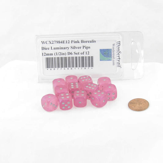 WCX27984E12 Pink Borealis Dice Luminary Silver Pips 12mm (1/2in) D6 Set of 12 Main Image