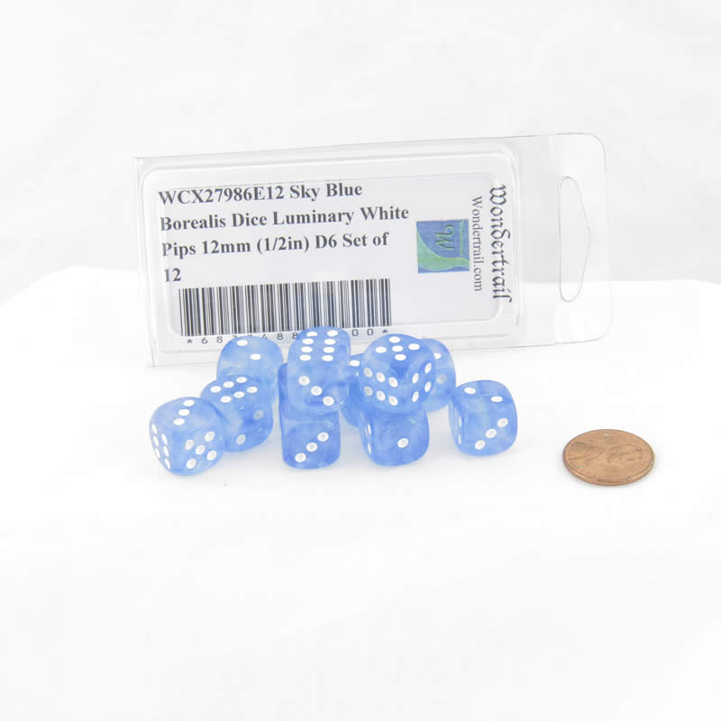 WCX27986E12 Sky Blue Borealis Dice Luminary White Pips 12mm (1/2in) D6 Set of 12 Main Image