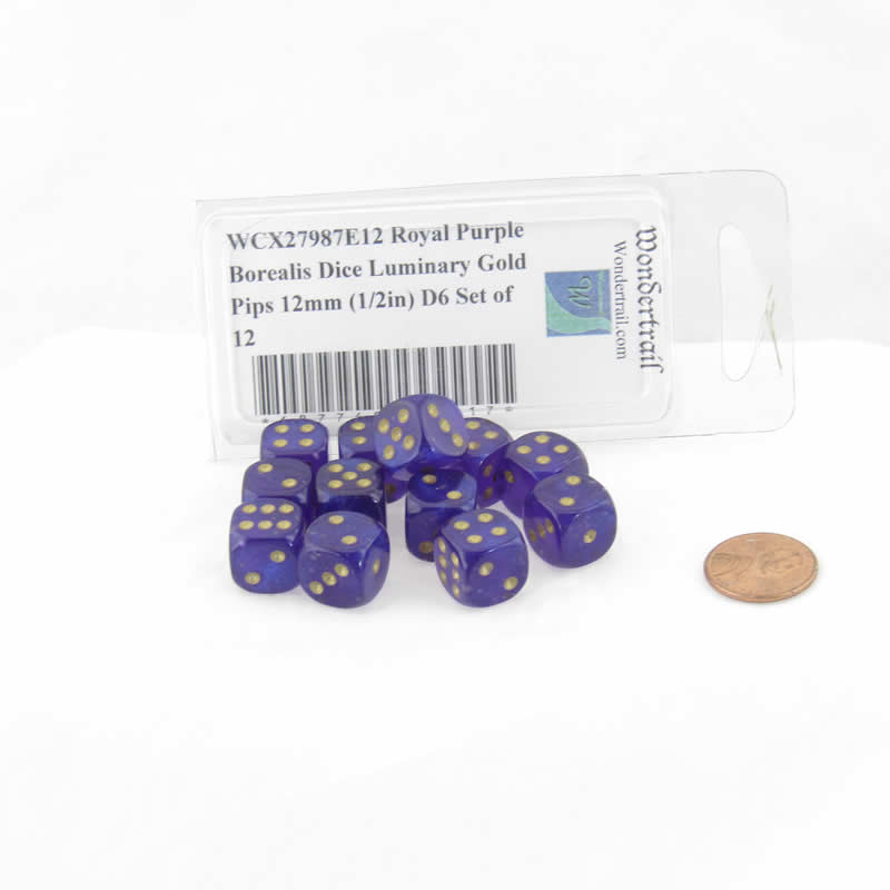 WCX27987E12 Royal Purple Borealis Dice Luminary Gold Pips 12mm (1/2in) D6 Set of 12 Main Image