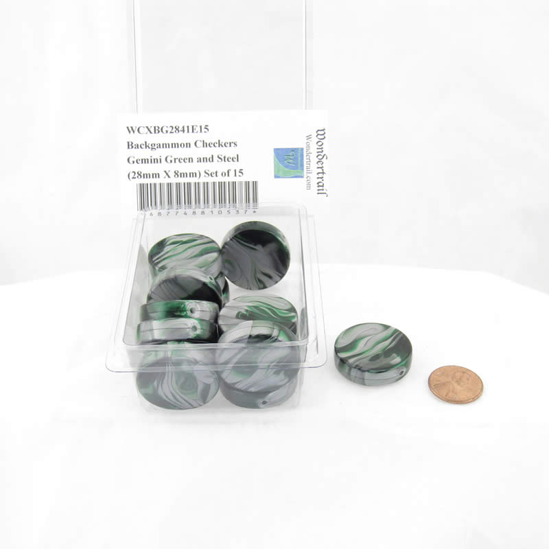 WCXBG2841E15 Backgammon Checkers Gemini Green and Steel (28mm X 8mm) Set of 15 Main Image