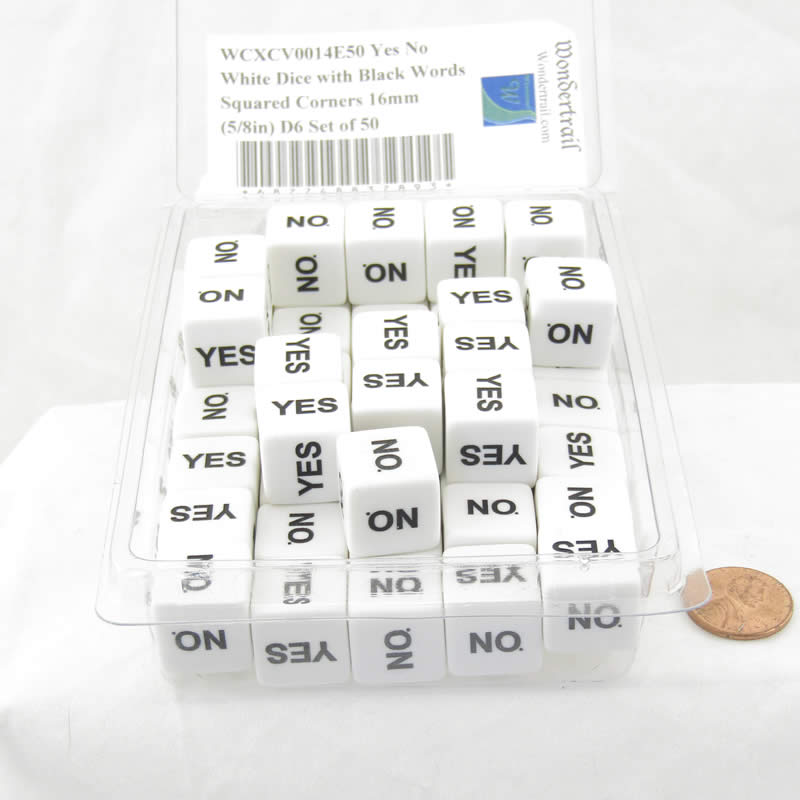 WCXCV0014E50 Yes No White Dice with Black Words Squared Corners 16mm (5/8in) D6 Set of 50 2nd Image