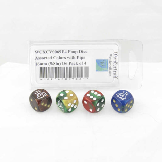 WCXCV0069E4 Poop Dice Assorted Colors with Pips 16mm (5/8in) D6 Pack of 4 Main Image