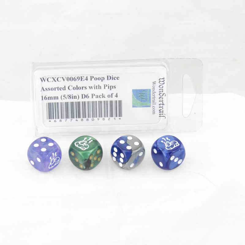 WCXCV0069E4 Poop Dice Assorted Colors with Pips 16mm (5/8in) D6 Pack of 4 2nd Image