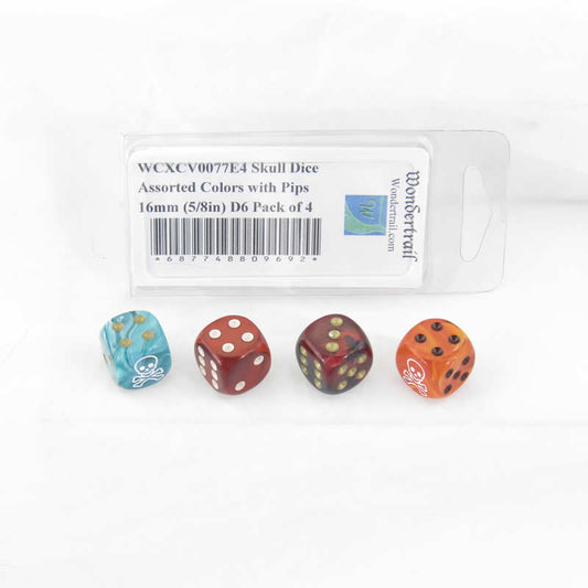 WCXCV0077E4 Skull and Crossbones Dice Assorted Colors with Pips 16mm D6 Pack of 4 Main Image