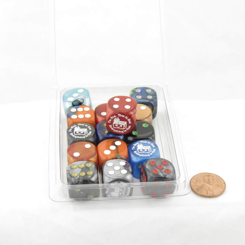 WCXCV0136E15 Dumpster Fire Dice Assorted Colors with Pips 16mm (5/8in) D6 Pack of 15 Main Image