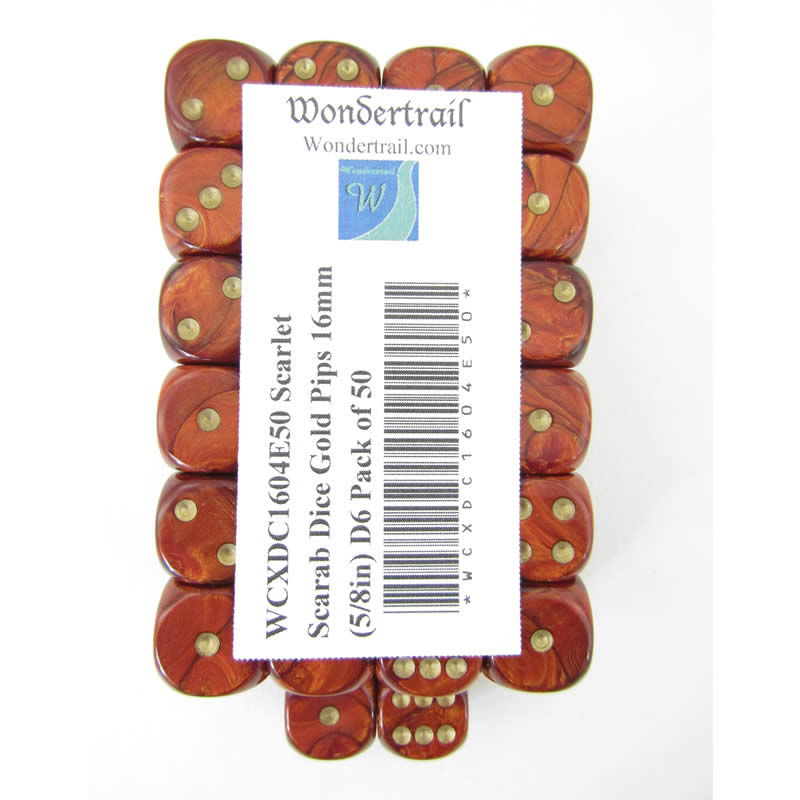 WCXDC1604E50 Scarlet Scarab Dice Gold Pips 16mm (5/8in) D6 Pack of 50 2nd Image