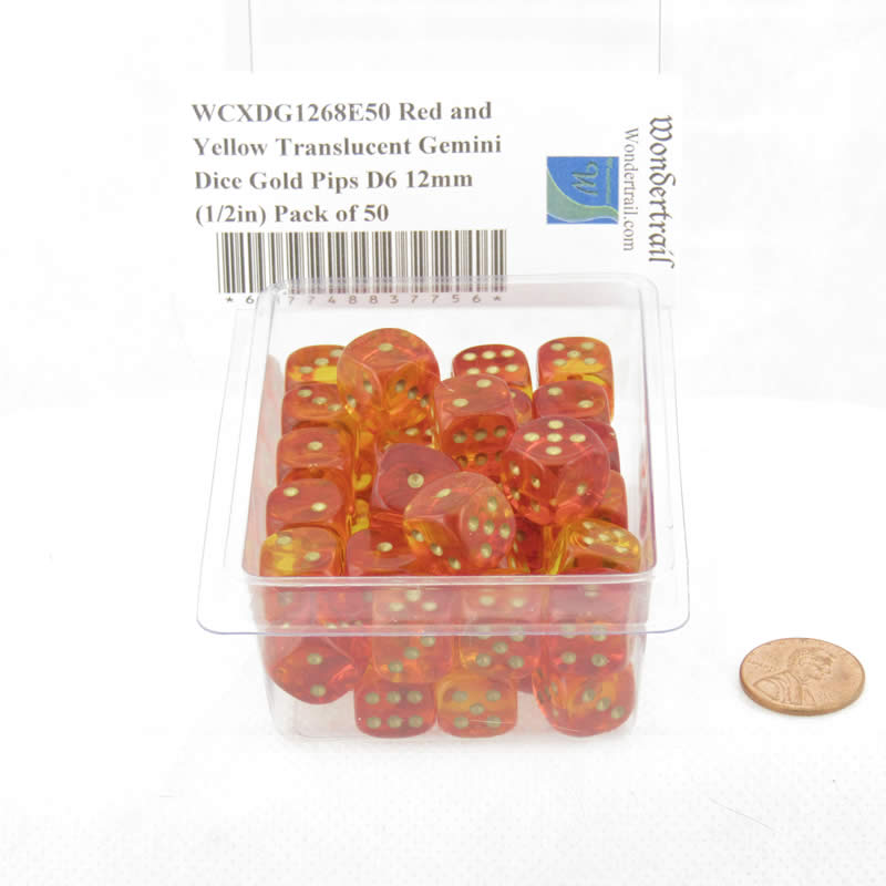 WCXDG1268E50 Red and Yellow Translucent Gemini Dice Gold Pips D6 12mm (1/2in) Pack of 50