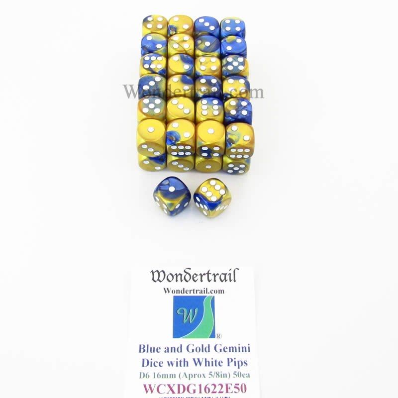 WCXDG1622E50 Blue Gold Gemini Dice White Pips D6 16mm Pack of 50 Main Image