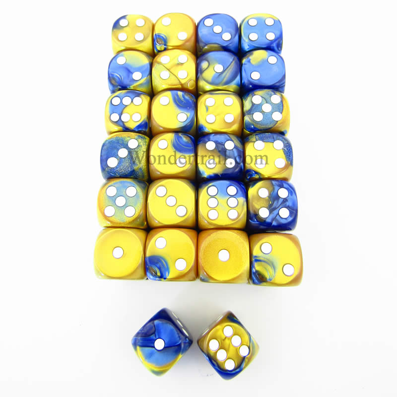 WCXDG1622E50 Blue Gold Gemini Dice White Pips D6 16mm Pack of 50 2nd Image
