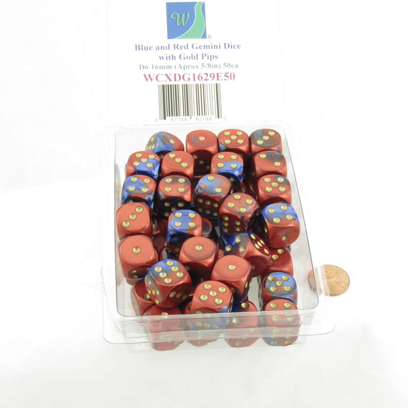 WCXDG1629E50 Blue Red Gemini Dice Gold Pips D6 16mm Bulk Pack of 50 2nd Image