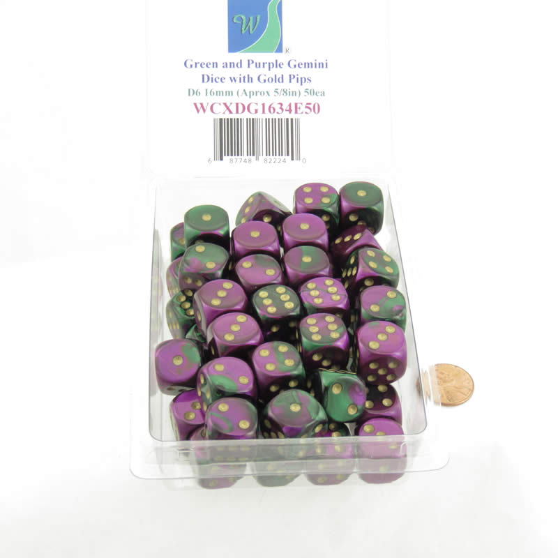 WCXDG1634E50 Green Purple Gemini Dice Gold Pips D6 16mm Bulk Pack of 50 2nd Image