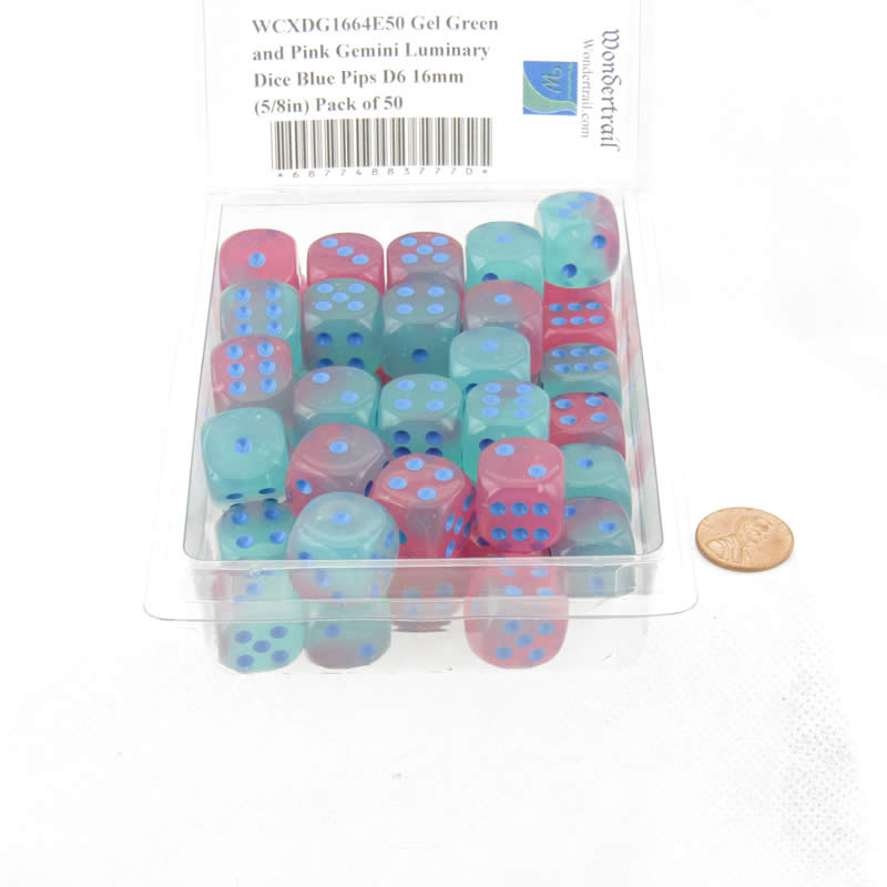 WCXDG1664E50 Gel Green and Pink Gemini Luminary Dice Blue Pips D6 16mm (5/8in) Pack of 50