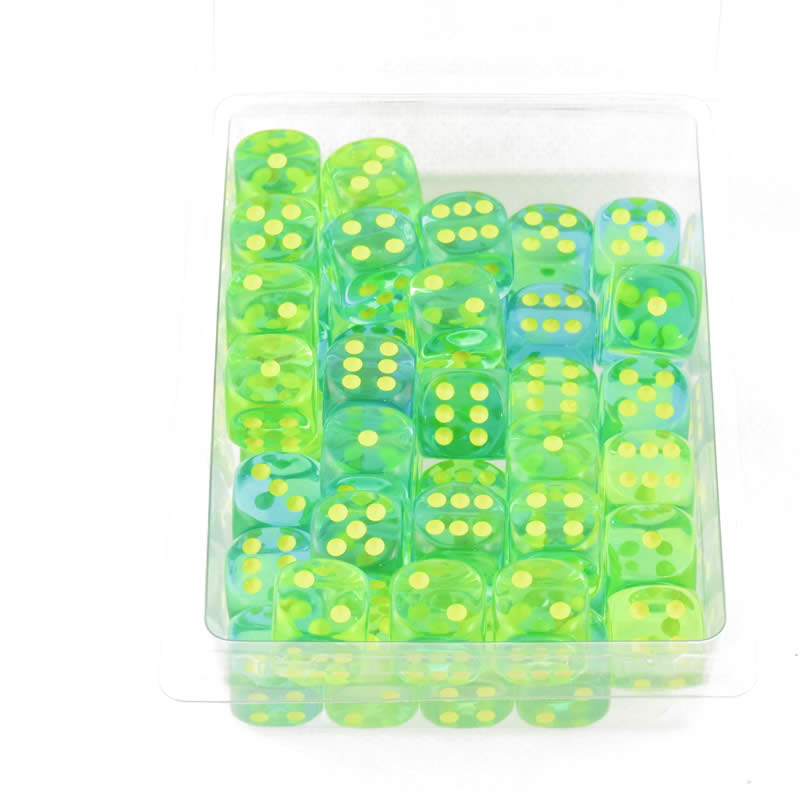 WCXDG1666E50 Green and Teal Translucent Gemini Dice Yellow Pips D6 16mm (5/8in) Pack of 50