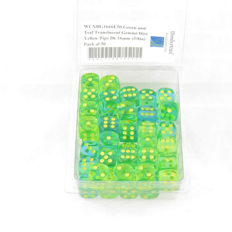 WCXDG1666E50 Green and Teal Translucent Gemini Dice Yellow Pips D6 16mm (5/8in) Pack of 50