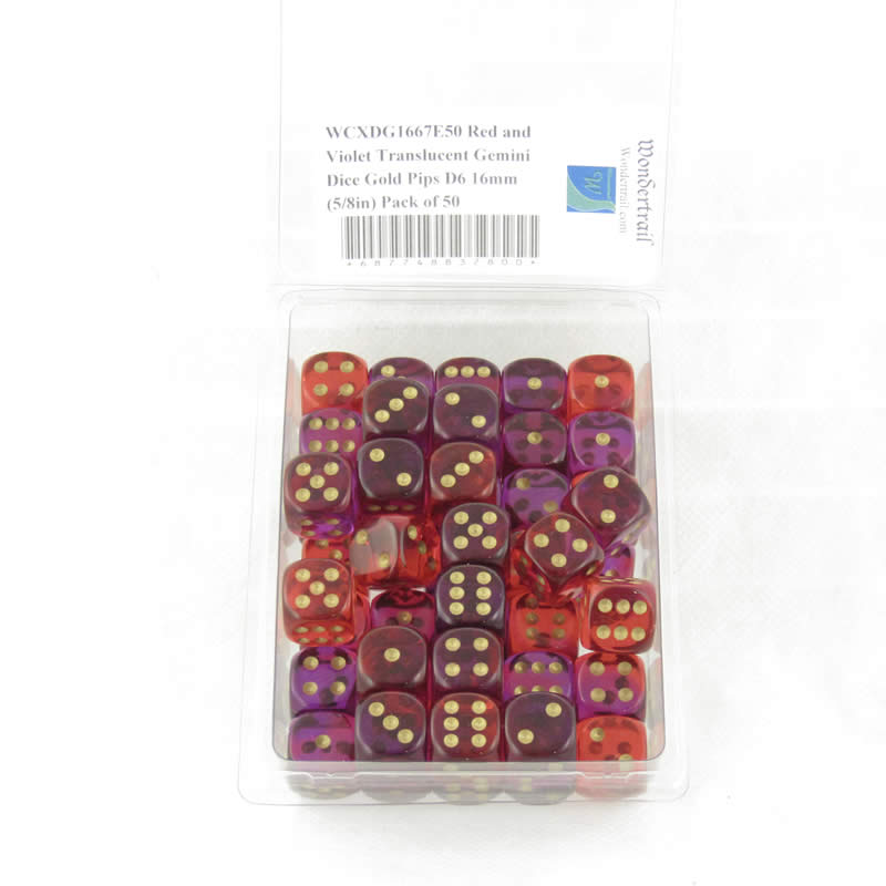 WCXDG1667E50 Red and Violet Translucent Gemini Dice Gold Pips D6 16mm (5/8in) Pack of 50