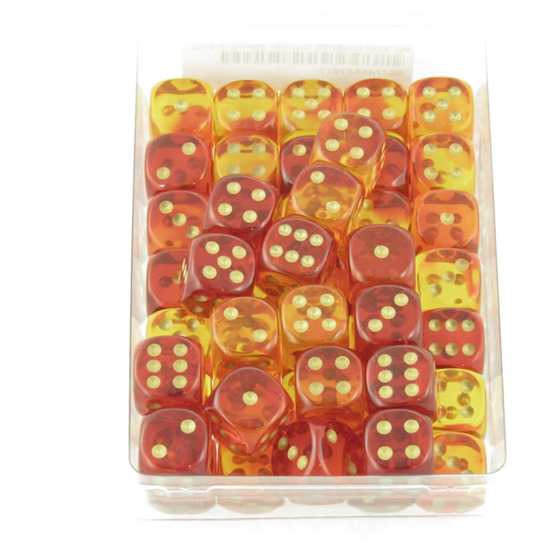 WCXDG1668E50 Red and Yellow Translucent Gemini Dice Gold Pips D6 16mm (5/8in) Pack of 50