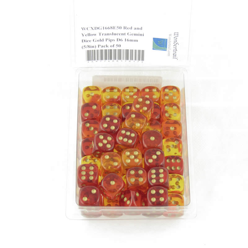 WCXDG1668E50 Red and Yellow Translucent Gemini Dice Gold Pips D6 16mm (5/8in) Pack of 50