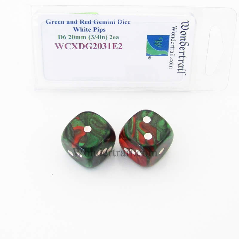 WCXDG2031E2 Green Red Gemini Dice White Pips 20mm D6 Pack of 2 Main Image