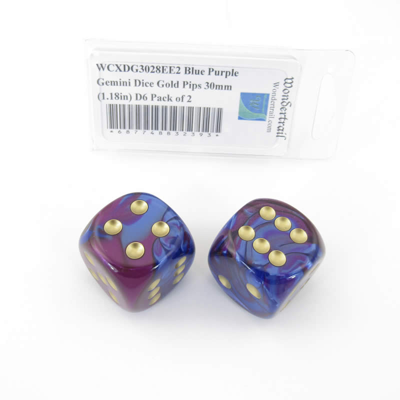 WCXDG3028EE2 Blue Purple Gemini Dice Gold Pips 30mm (1.18in) D6 Pack of 2 Main Image