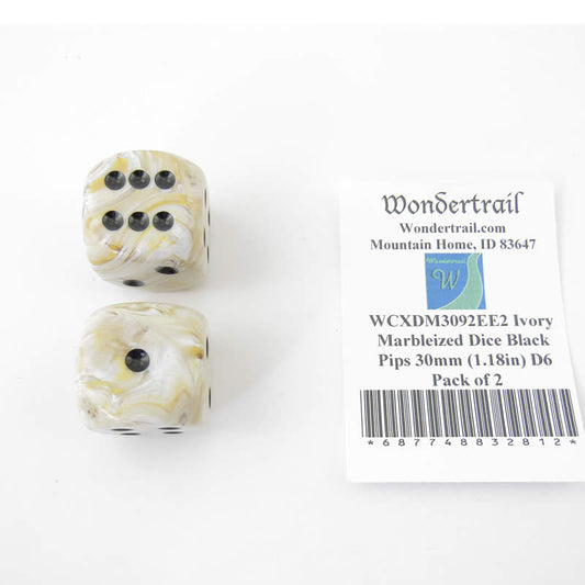 WCXDM3092EE2 Ivory Marbleized Dice Black Pips 30mm (1.18in) D6 Pack of 2 Main Image