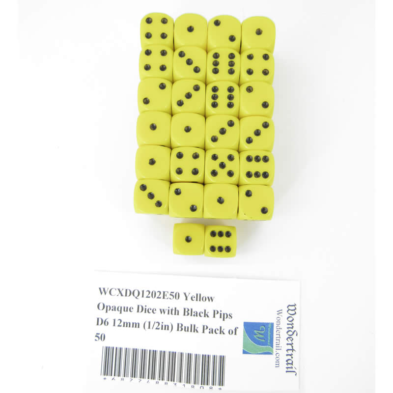 WCXDQ1202E50 Yellow Opaque Dice with Black Pips D6 12mm (1/2in) Bulk Pack of 50 Main Image