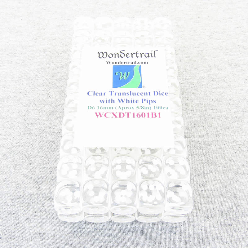 WCXDT1601B1 Clear Translucent Dice White Pips D6 16mm Pack Of 100 Main Image